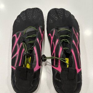 Black and Pink Toe Water Shoes with Yellow Accents